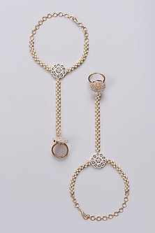 Gold Finish Zircon Hathphools (Set Of 2)