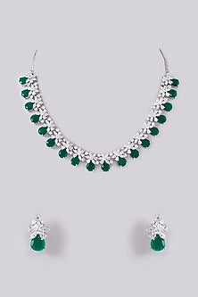 White Finish Zircon & Green Stone Necklace Set