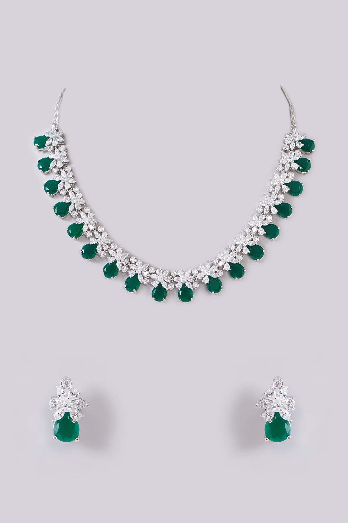 White Finish Zircon & Green Stone Necklace Set