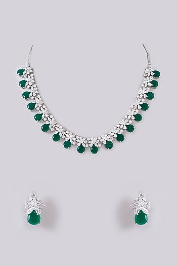 White Finish Zircon & Green Stone Necklace Set