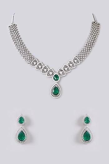 White Finish Zircon & Green Stone Necklace Set