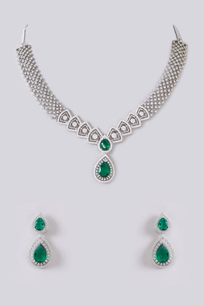 White Finish Zircon & Green Stone Necklace Set