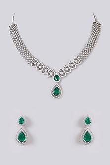 White Finish Zircon & Green Stone Necklace Set