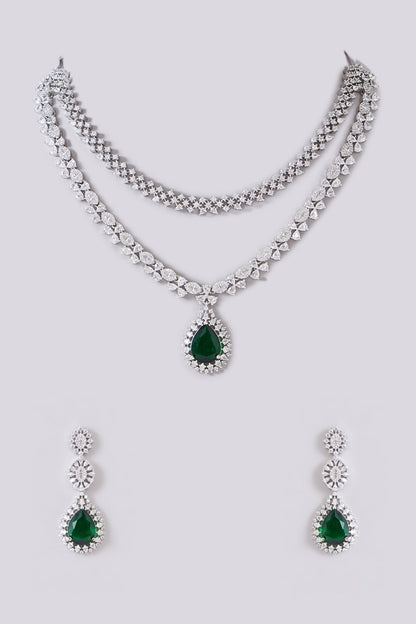White Finish Zircon & Green Stone Layered Necklace Set