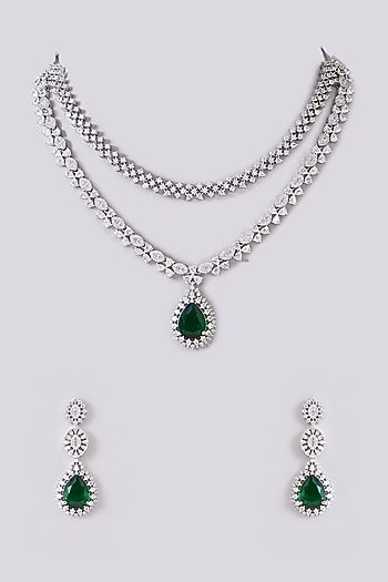 White Finish Zircon & Green Stone Layered Necklace Set