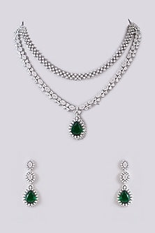 White Finish Zircon & Green Stone Layered Necklace Set