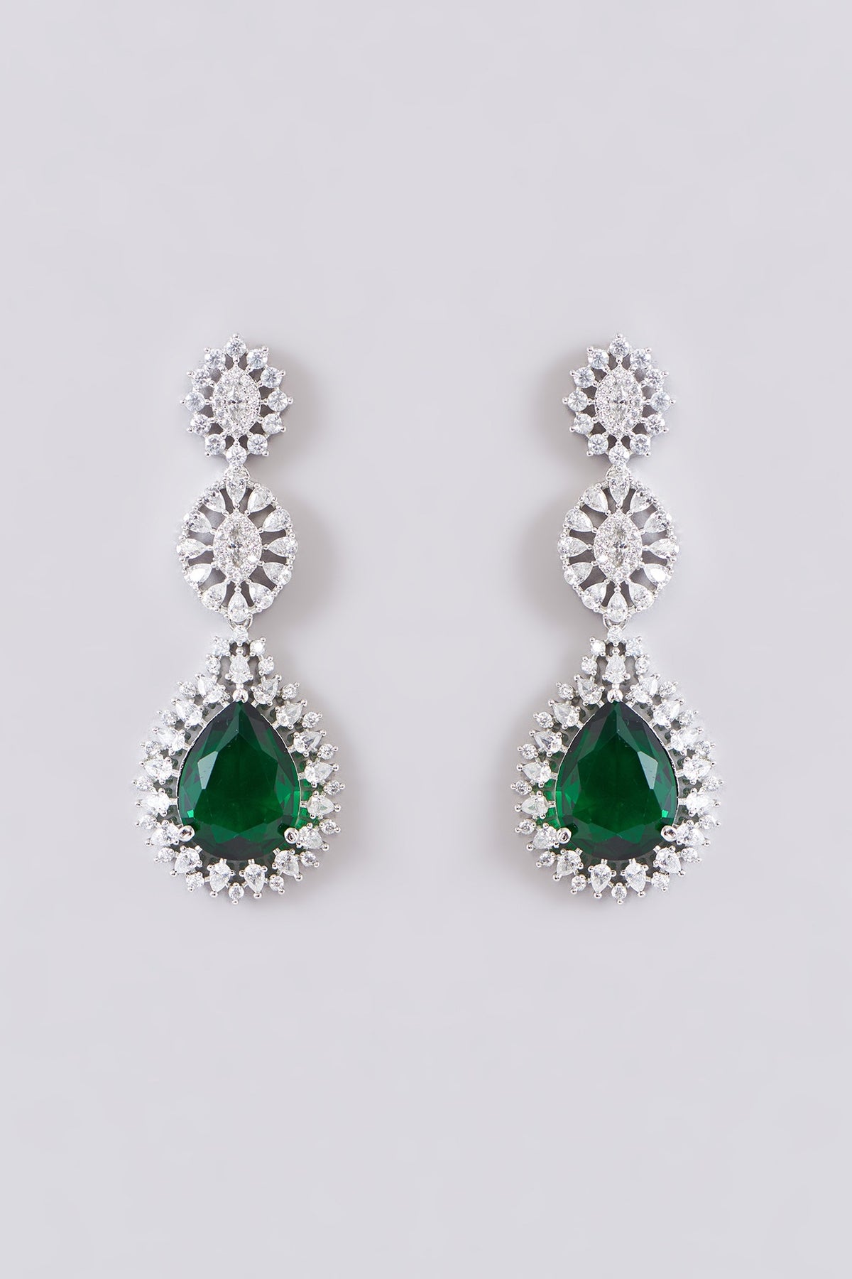 White Finish Zircon & Green Stone Layered Necklace Set