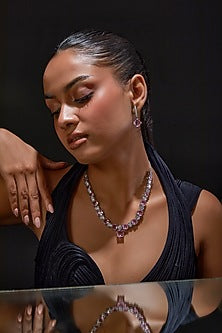White Finish Zircon & Pink Stone Necklace Set