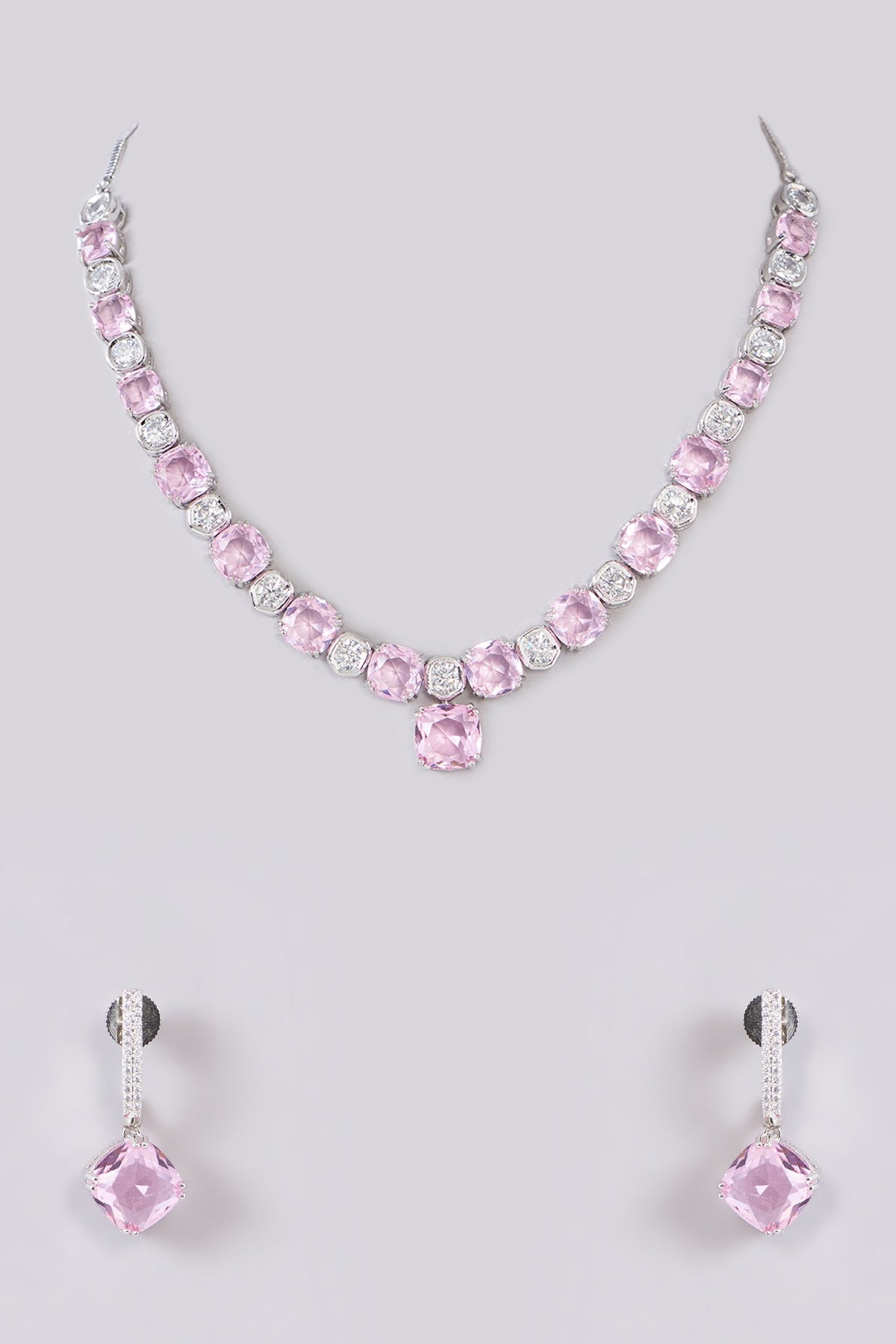 White Finish Zircon & Pink Stone Necklace Set