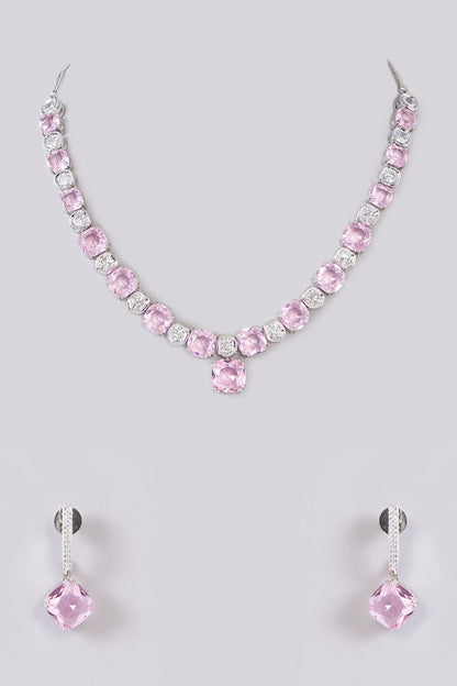 White Finish Zircon & Pink Stone Necklace Set