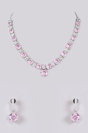 White Finish Zircon & Pink Stone Necklace Set