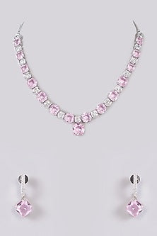 White Finish Zircon & Pink Stone Necklace Set