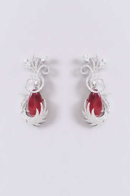 White Finish Zircon & Red Stone Dangler Earrings