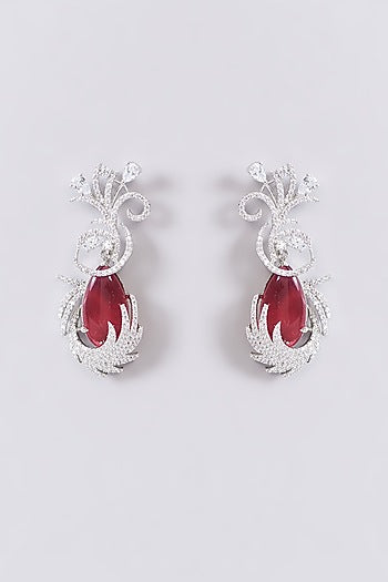 White Finish Zircon & Red Stone Dangler Earrings