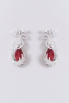 White Finish Zircon & Red Stone Dangler Earrings