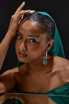 White Finish Zircon & Green Stone Dangler Earrings