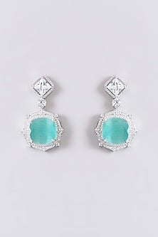 White Finish Zircon & Aqua Stone Dangler Earrings