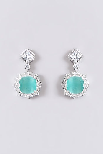 White Finish Zircon & Aqua Stone Dangler Earrings