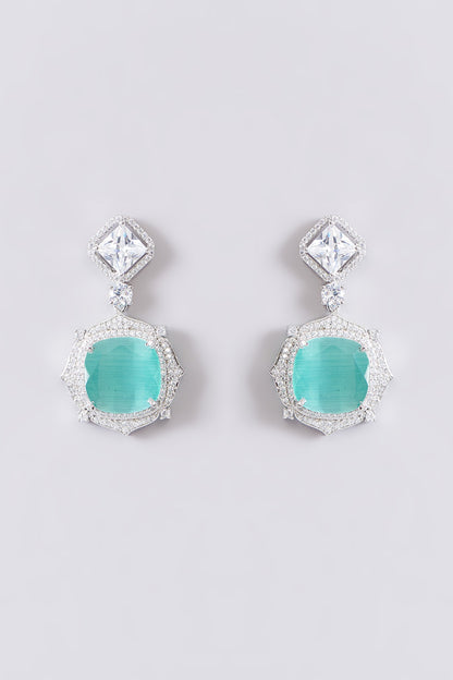 White Finish Zircon & Aqua Stone Dangler Earrings