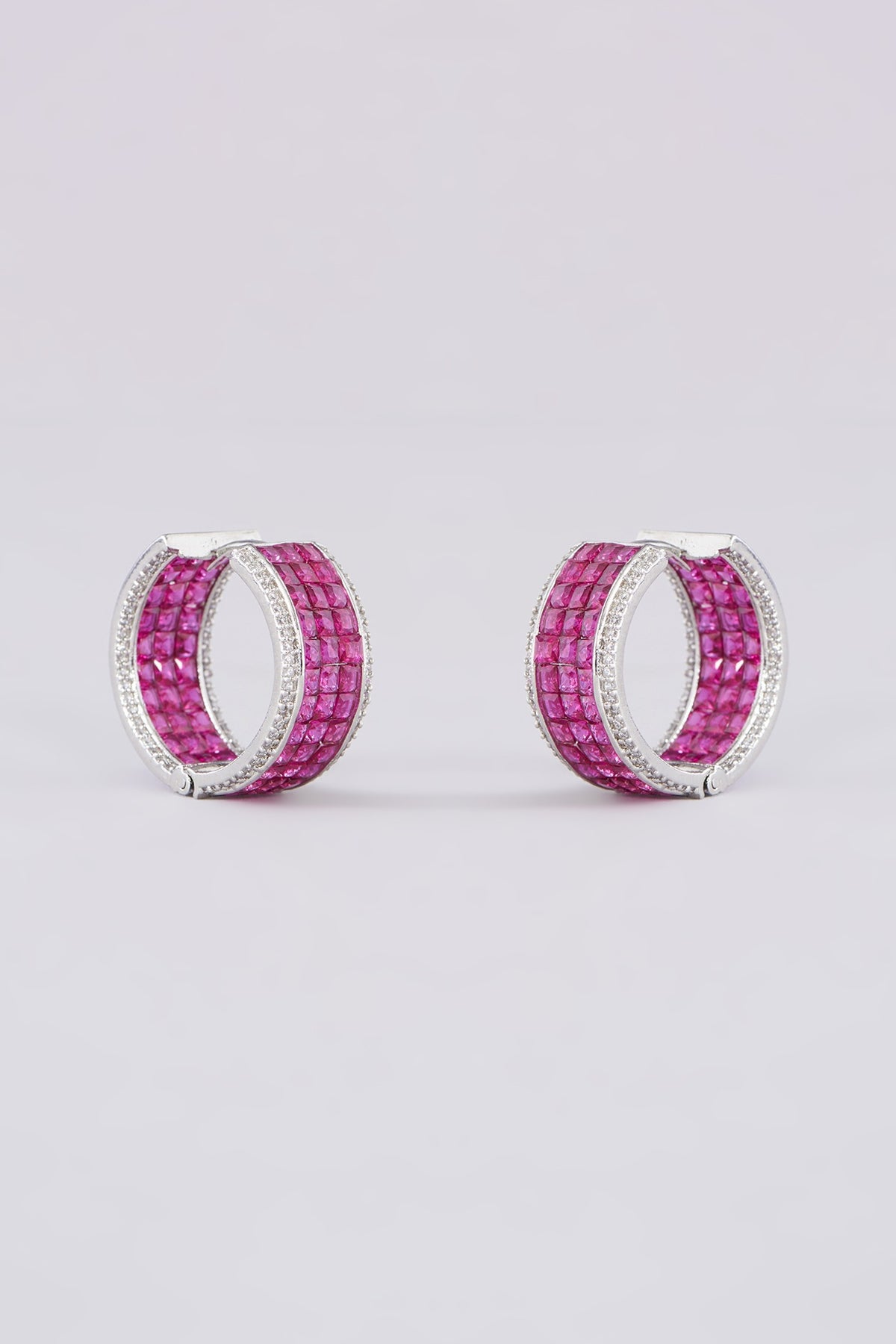 White Finish Zircon & Red Stone Hoop Earrings