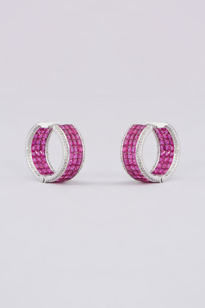 White Finish Zircon & Red Stone Hoop Earrings