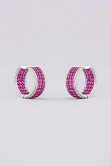 White Finish Zircon & Red Stone Hoop Earrings
