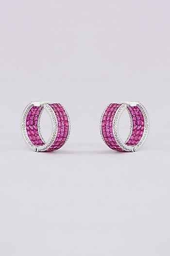 White Finish Zircon & Red Stone Hoop Earrings