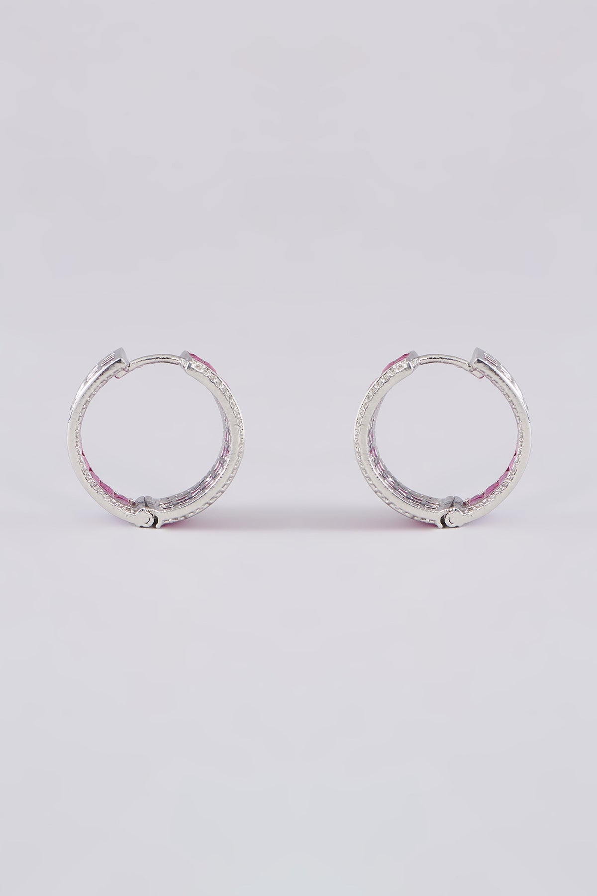 White Finish Zircon & Red Stone Hoop Earrings