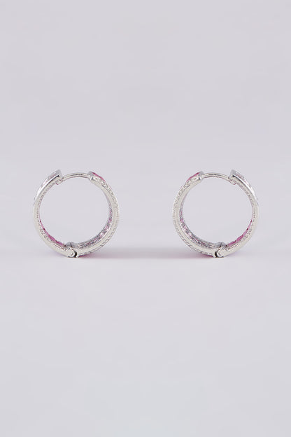 White Finish Zircon & Red Stone Hoop Earrings