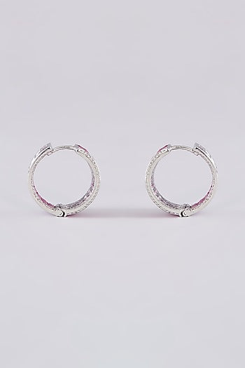 White Finish Zircon & Red Stone Hoop Earrings