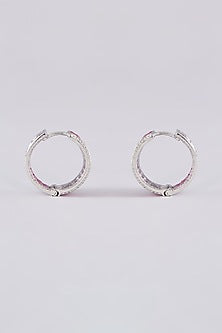 White Finish Zircon & Red Stone Hoop Earrings