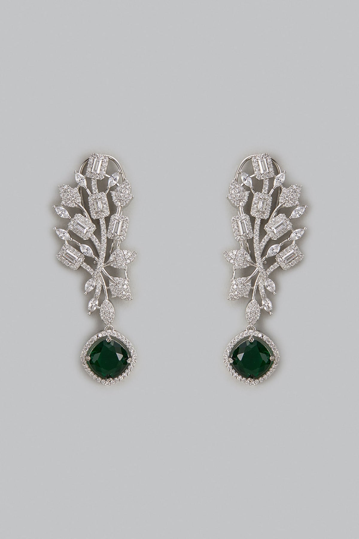 White Finish Zircon & Green Stone Dangler Earrings