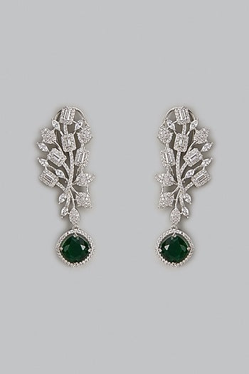 White Finish Zircon & Green Stone Dangler Earrings