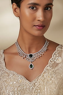 White Finish Zircon & Green Stone Necklace