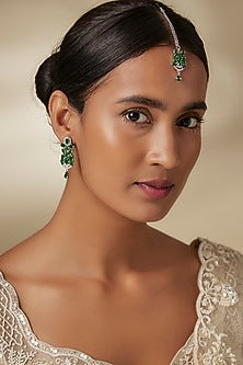 White Finish Zircon & Green Stone Dangler Earrings With Maangtikka
