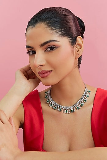 White Finish Zircon & Green Stone Necklace