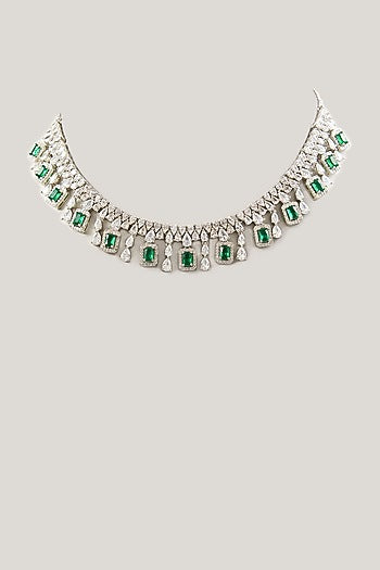White Finish Zircon & Green Stone Necklace