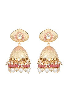 Yellow Rhodium Plated Kundan, Pearl & Red Bead Jhumka Earrings