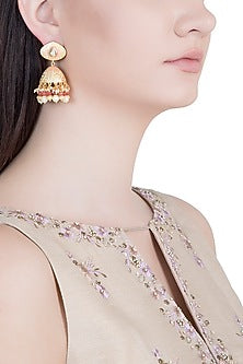 Yellow Rhodium Plated Kundan, Pearl & Red Bead Jhumka Earrings