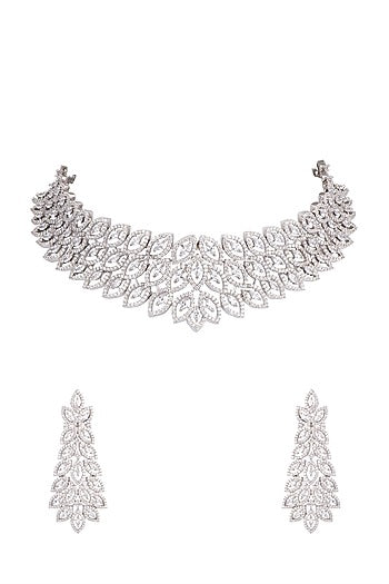 White Finish Diamond Necklace Set