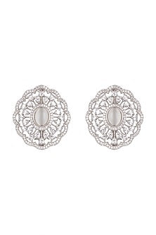 White Finish Stone Stud Earrings