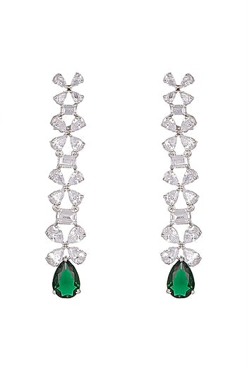 White Finish Green Stone Dangler Earrings