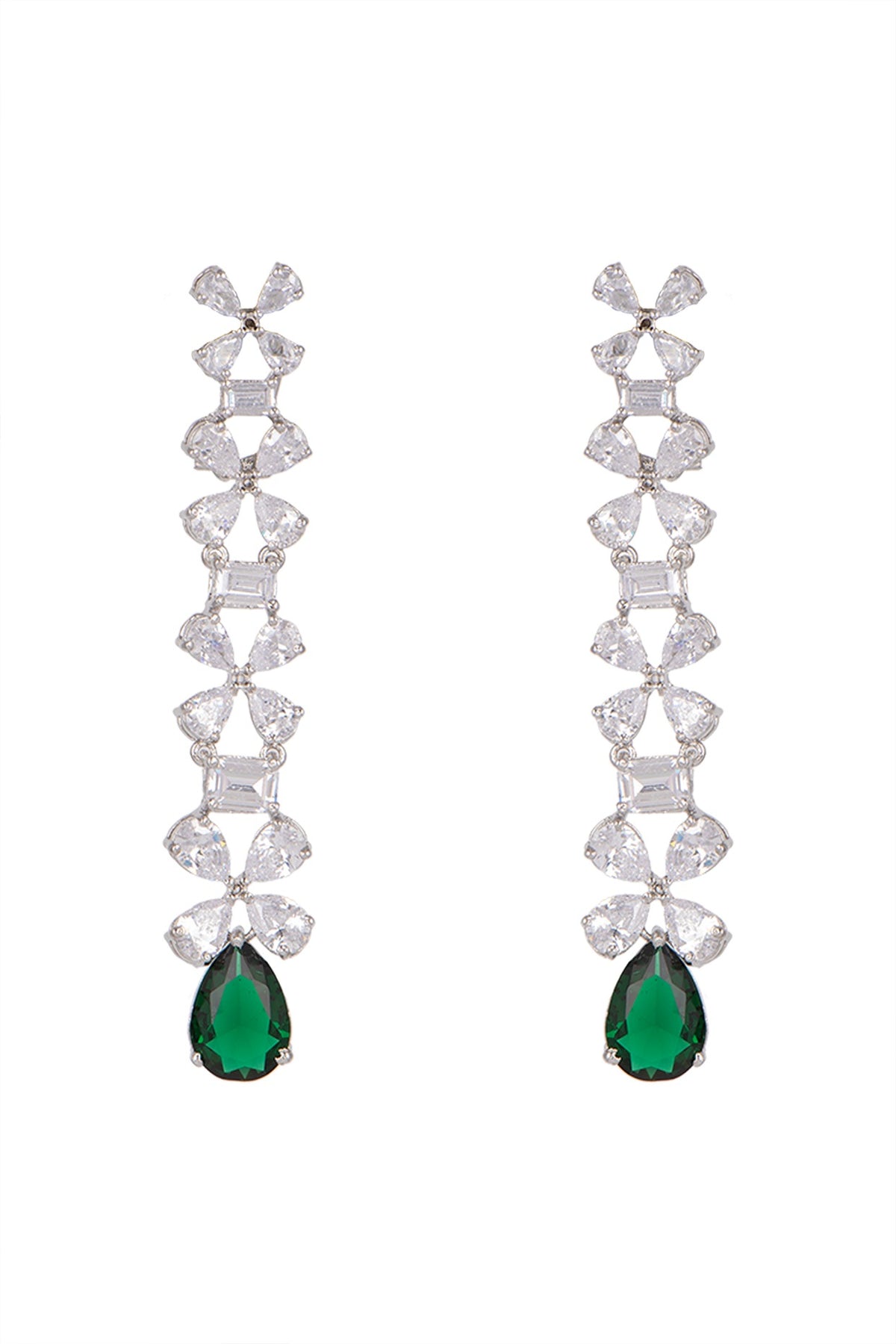 White Finish Green Stone Dangler Earrings