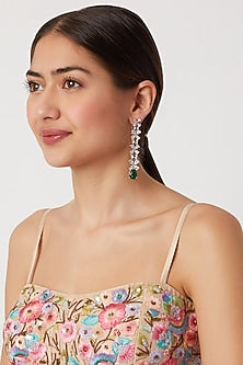 White Finish Green Stone Dangler Earrings