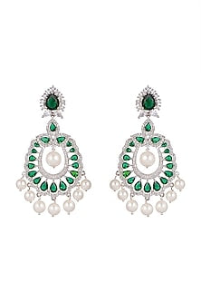 White Finish Green Stone Earrings