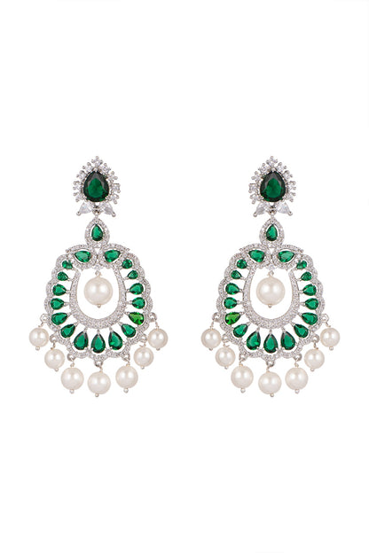 White Finish Green Stone Earrings