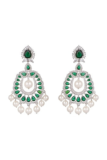 White Finish Green Stone Earrings