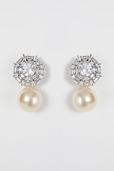 White Finish Diamond & Pearl Drop Earrings