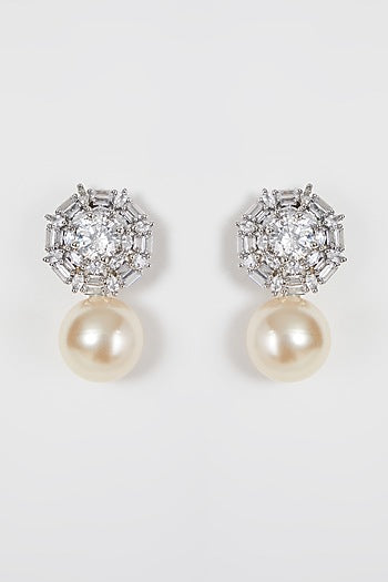 White Finish Diamond & Pearl Drop Earrings