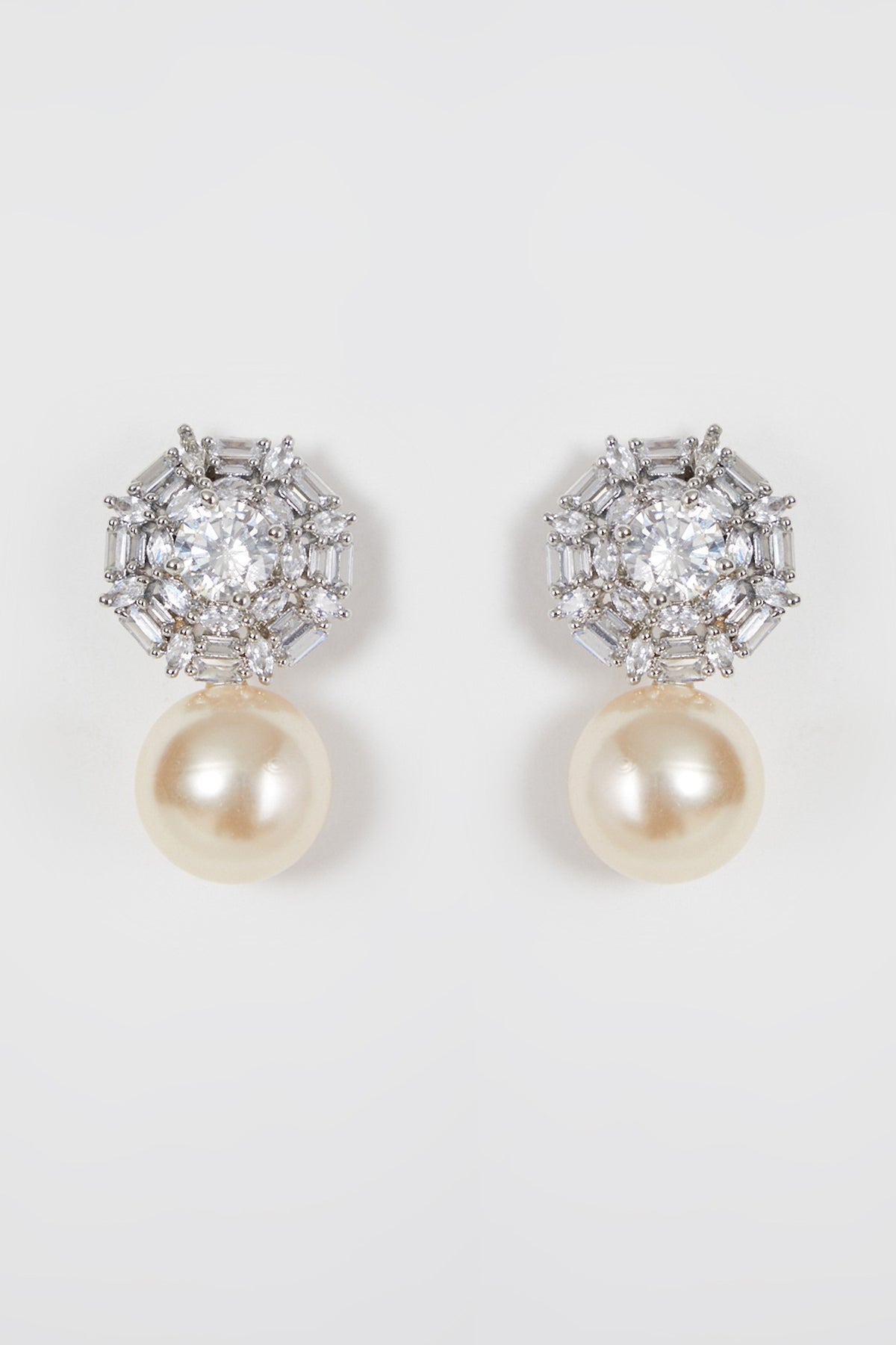 White Finish Diamond & Pearl Drop Earrings